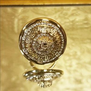 Versace New 24k Gold Crystal Medusa Greek Key Ring